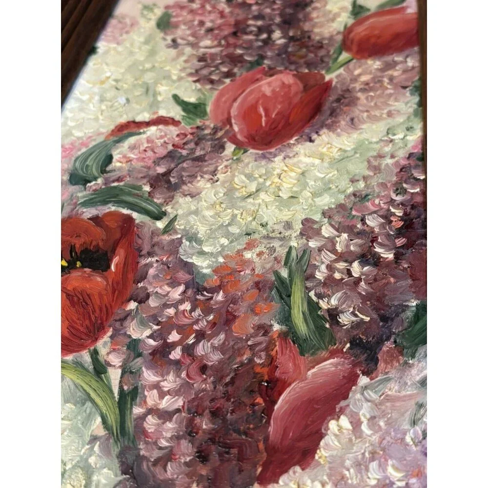 Vintage Oil on Board Mid Century BEAUTIFUL Floral Tulips Lilacs Wood Frame